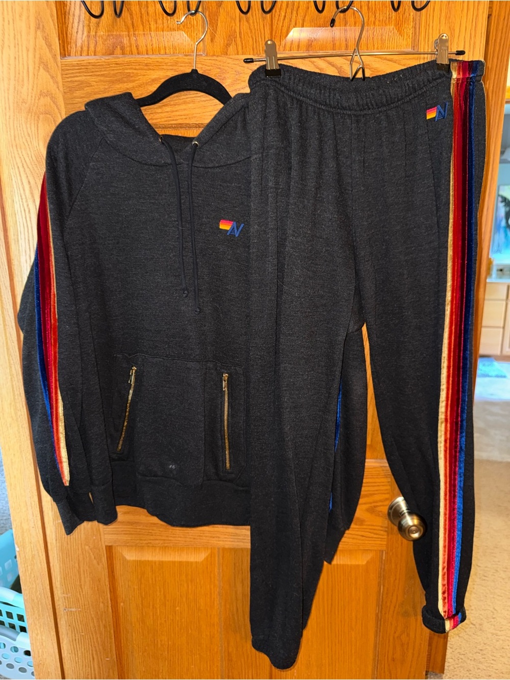 Aviator Nation Black Hoodie & Sweatpants SET with Rainbow Stripe Velvet Accents